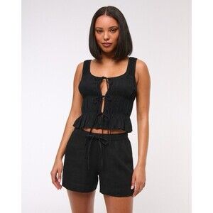 Abercrombie & Fitch Women’s Mid Rise Linen-Blend Pull-On Short Black Elastic XL